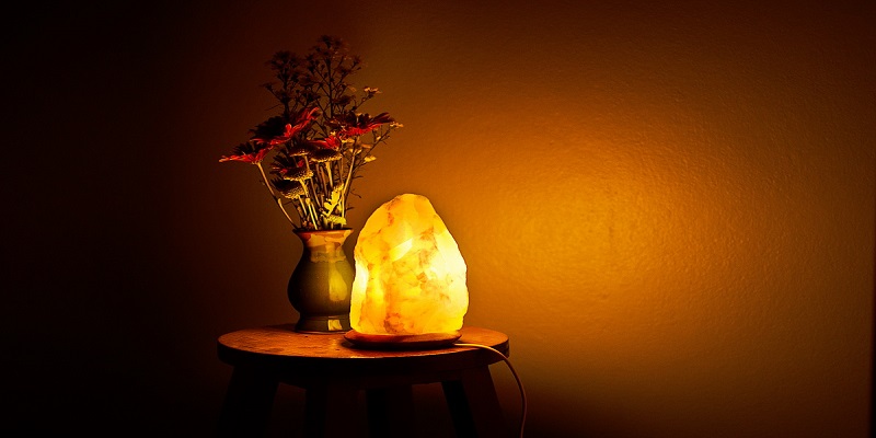 This image show that this is a salt lamp and a vase of flowers